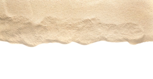 Heap of dry beach sand on white background, top view