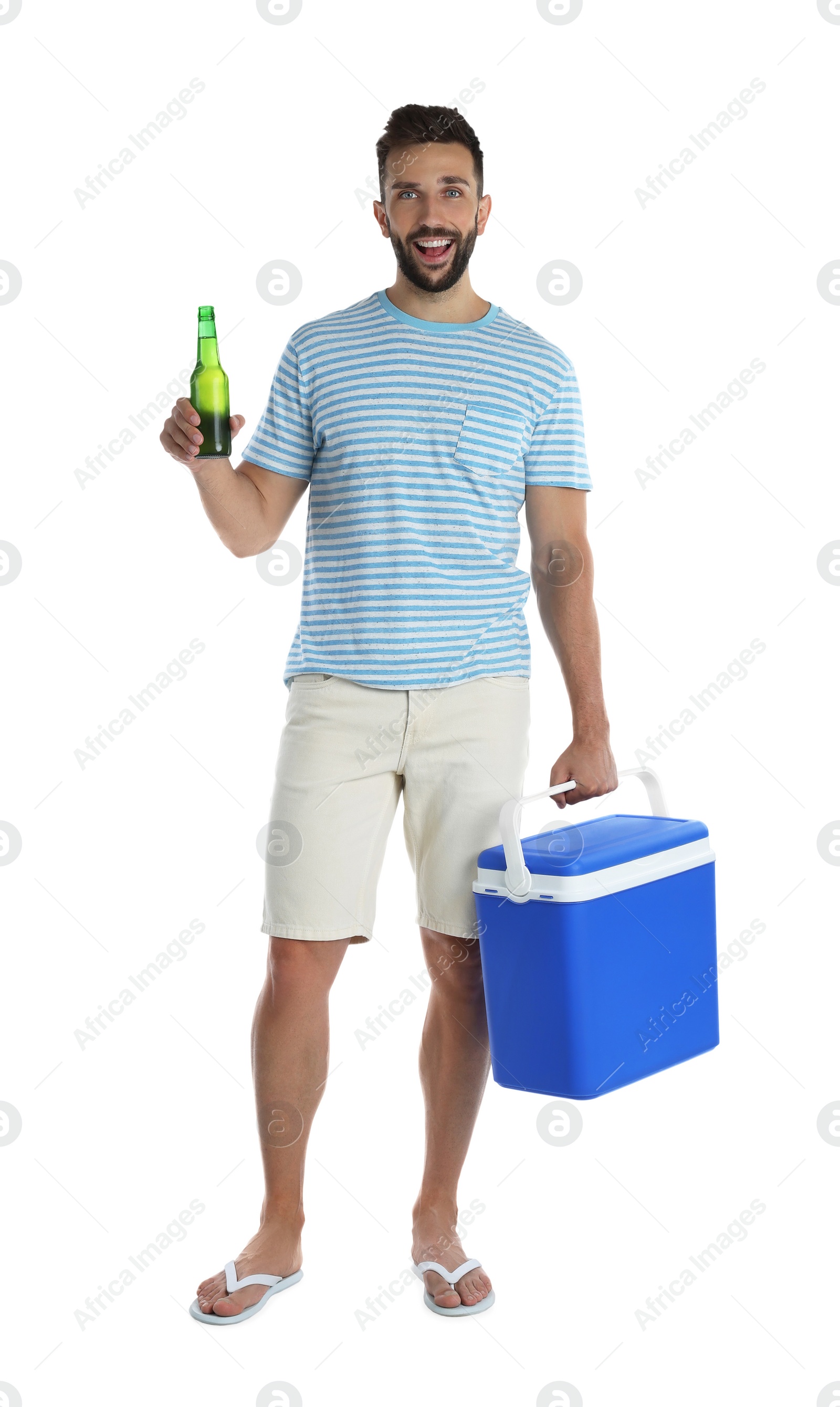 Photo of Happy man with cool box and bottle of beer on white background