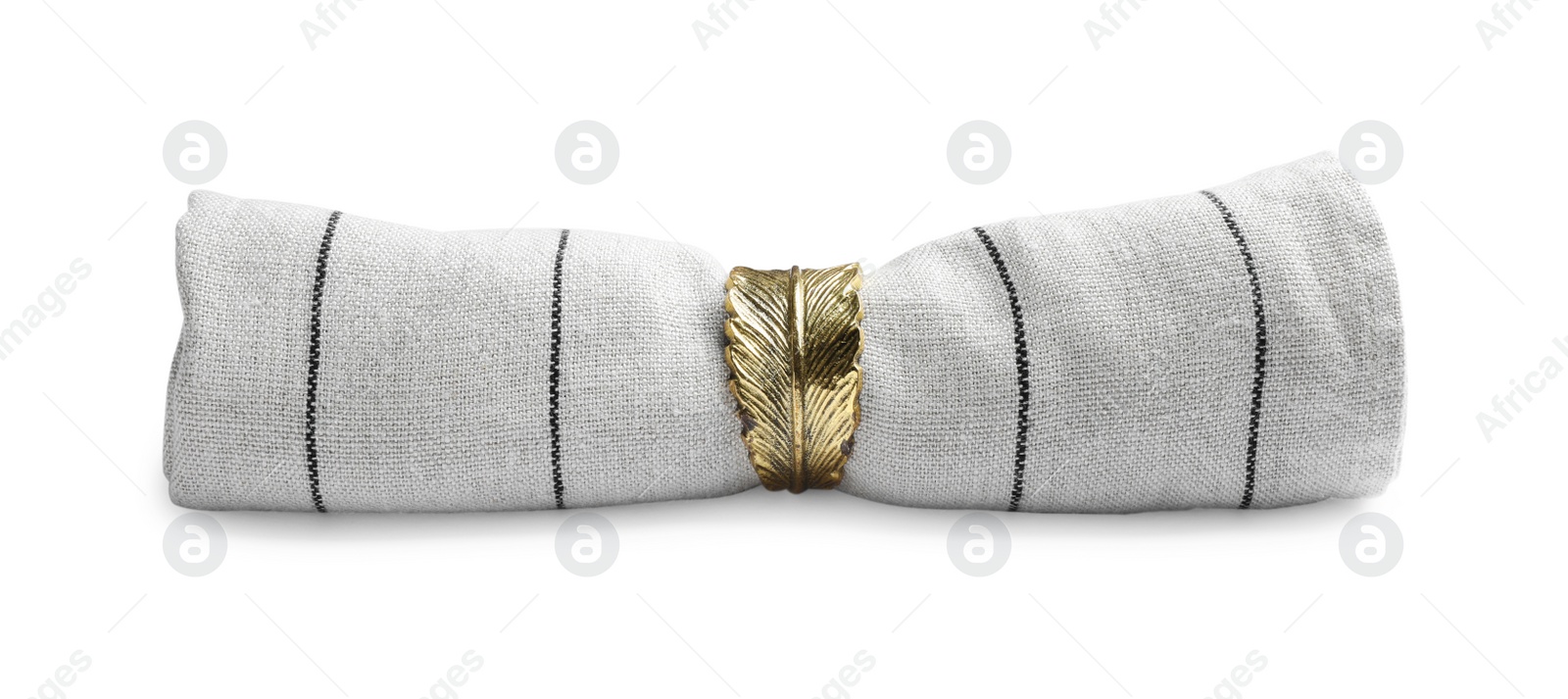 Photo of Napkin with decorative ring for table setting isolated on white