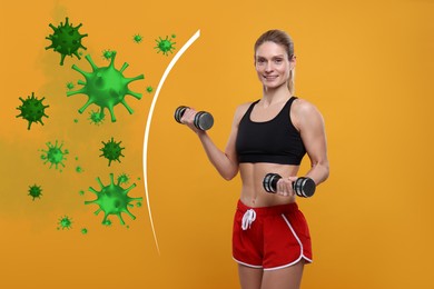 Image of Sporty woman with dumbbells on orange background. Strong immunity - shield against viruses