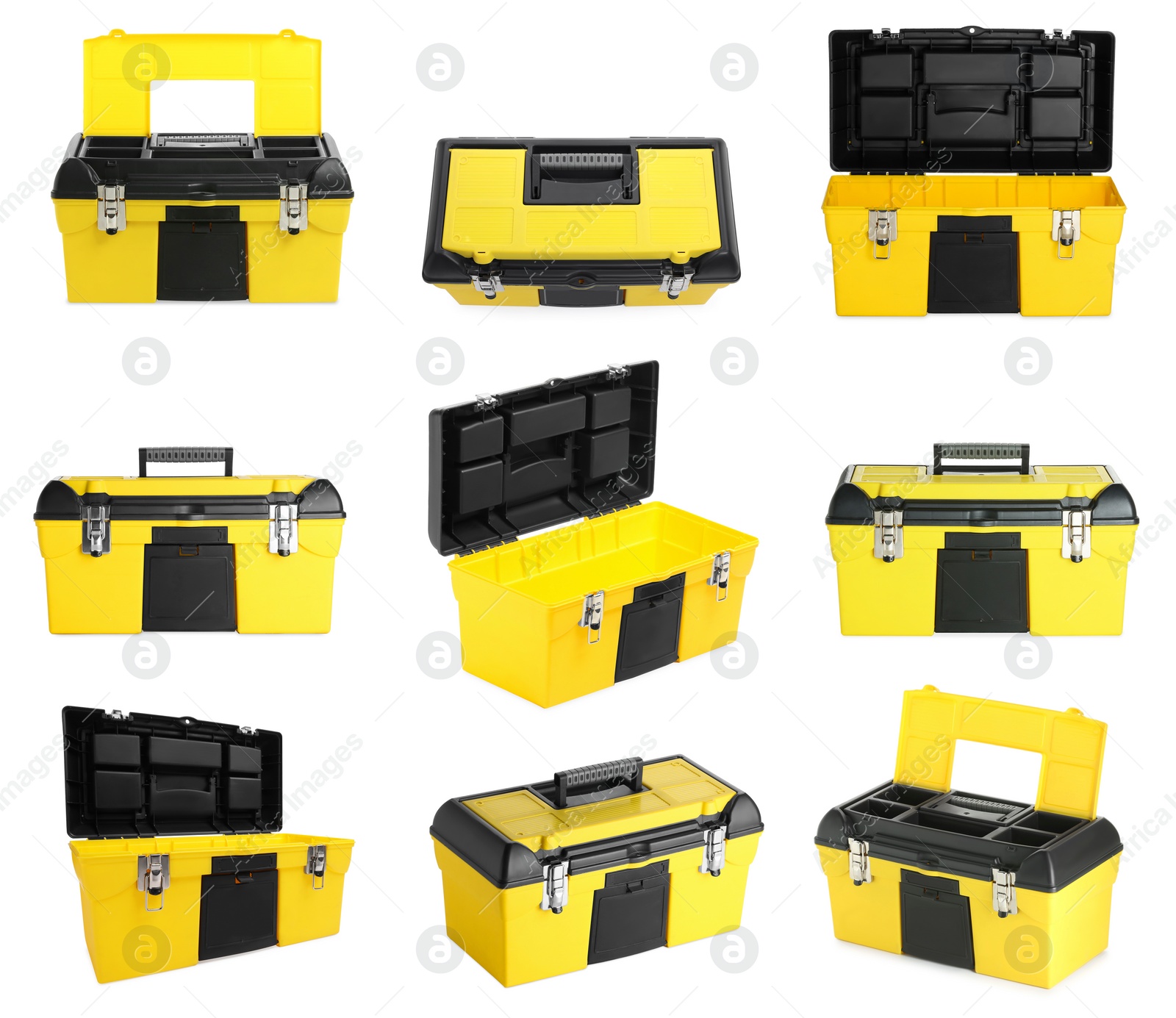 Image of Collage of plastic box for tools on white background, different sides