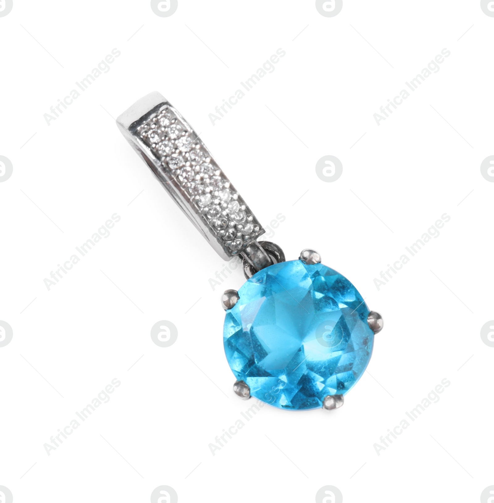 Photo of Elegant silver pendant with light blue gemstone isolated on white, top view. Luxury jewelry