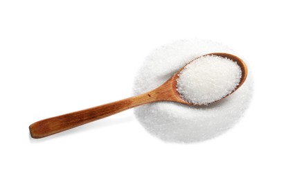 Photo of Wooden spoon and granulated sugar isolated on white, top view