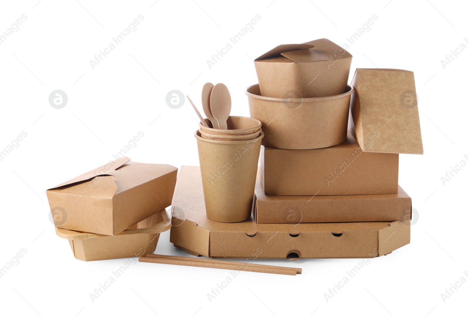 Photo of Eco friendly food packagings and wooden cutlery isolated on white