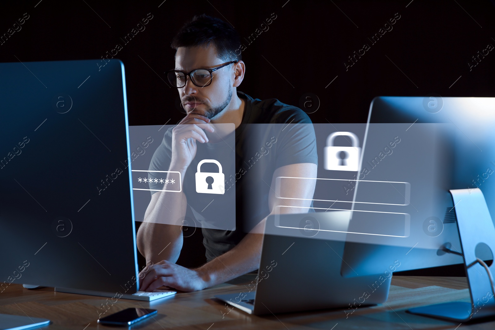 Image of Privacy protection. Man using computers in office. Digital login interface in front of him