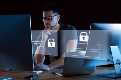 Privacy protection. Man using computers in office. Digital login interface in front of him