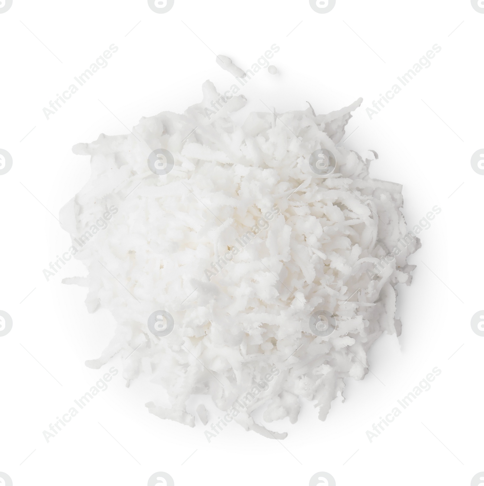 Photo of Pile of coconut flakes isolated on white, top view