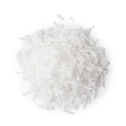 Photo of Pile of coconut flakes isolated on white, top view