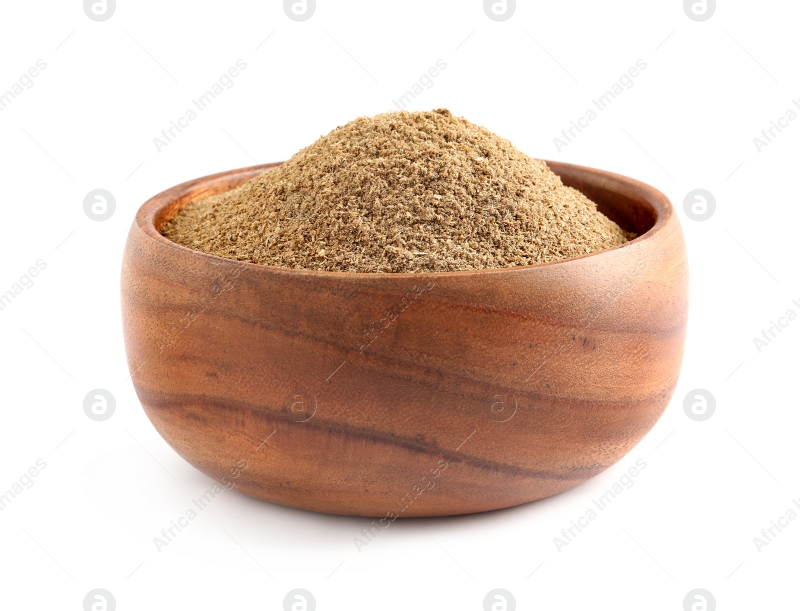 Photo of Wooden bowl with powdered coriander on white background