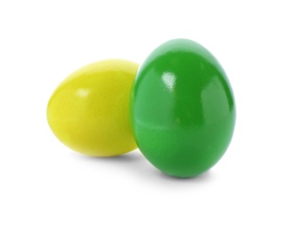 Photo of Dyed Easter eggs on white background. Festive tradition