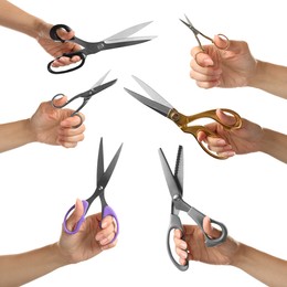 Image of Collage with photos of women holding different scissors on white background, closeup