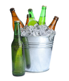 Metal bucket with bottles of beer and ice cubes isolated on white