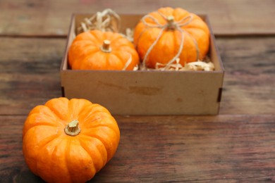 Crate and ripe pumpkins on wooden table
