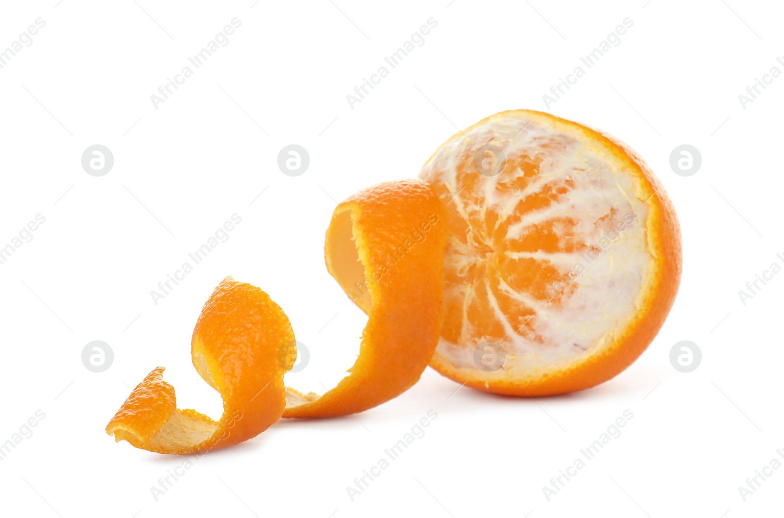 Photo of Fresh half peeled orange on white background