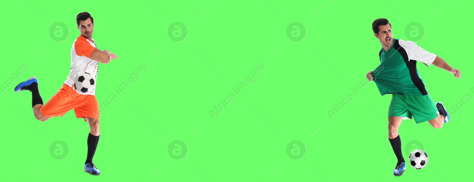 Image of Young man playing football on green background, space for text. Banner design