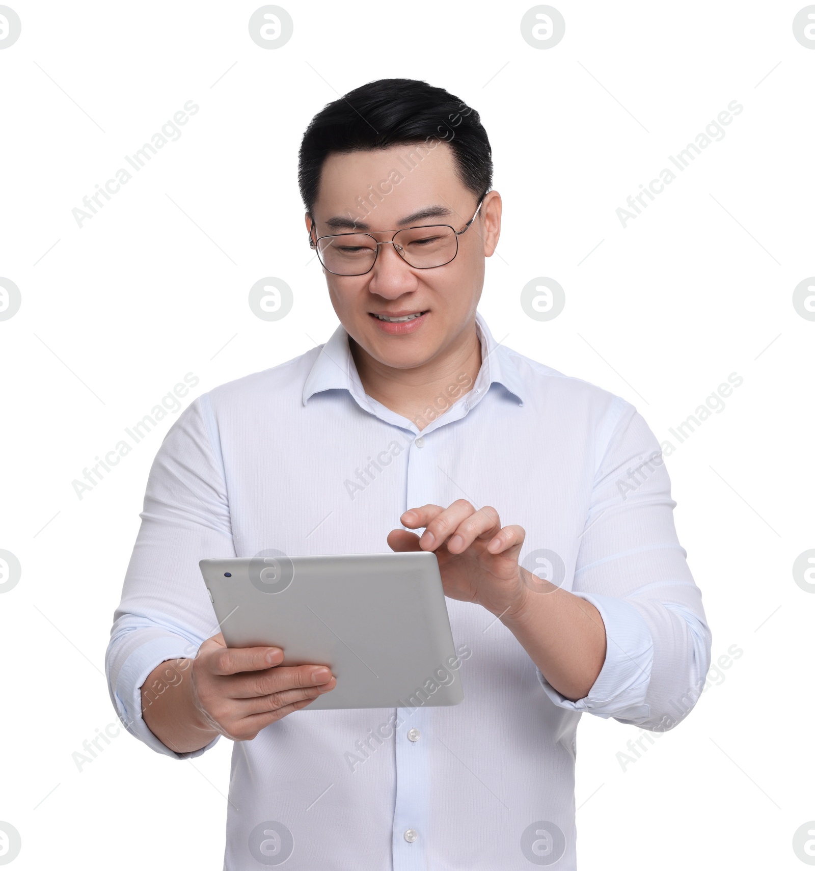 Photo of Businessman in formal clothes with tablet on white background