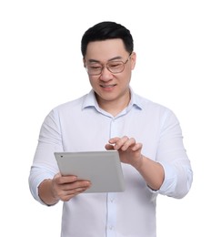 Photo of Businessman in formal clothes with tablet on white background