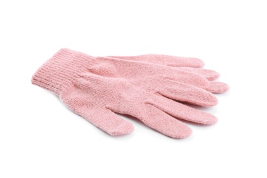 Photo of Pink woolen gloves on white background. Winter clothes