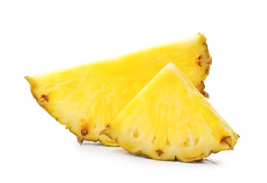 Photo of Slices of tasty juicy pineapple on white background