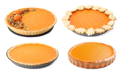 Set of tasty pumpkin pies on white background