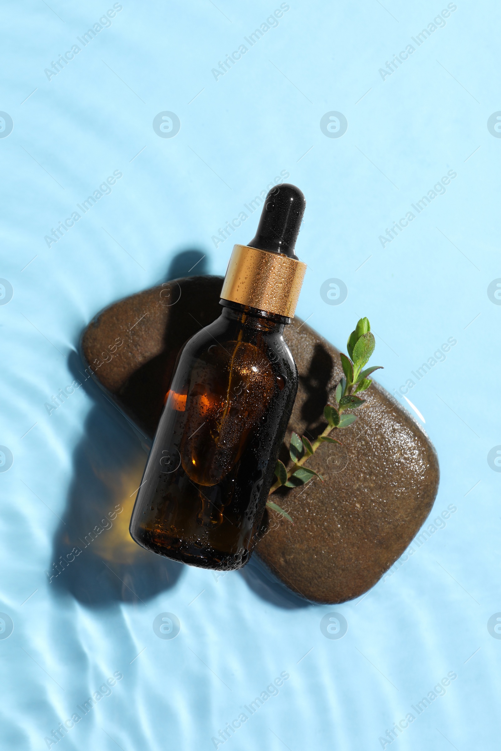 Photo of Bottle of cosmetic oil, leaves and stone in water on light blue background, top view