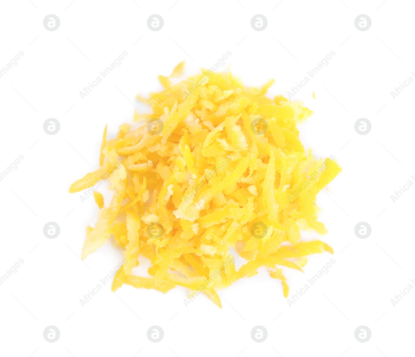 Photo of Fresh lemon zest on white background, top view