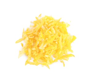 Photo of Fresh lemon zest on white background, top view