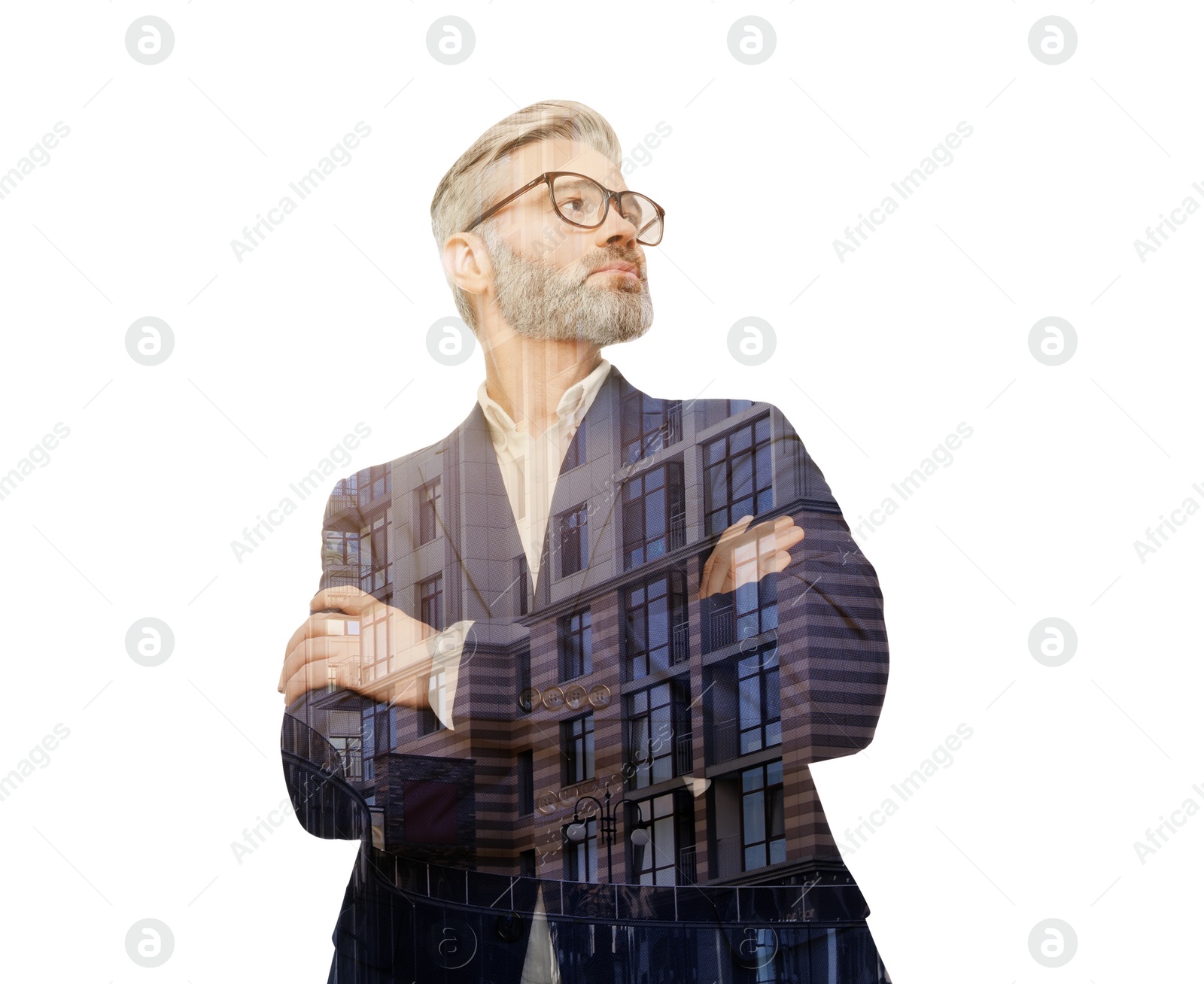 Image of Double exposure of businessman and office buildings