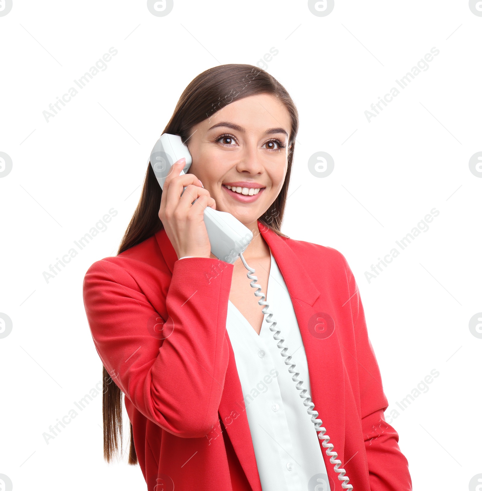 Photo of Young woman talking on phone against white background