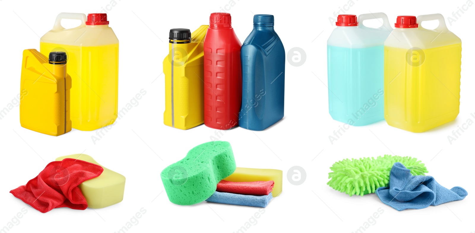 Image of Set with different car products on white background. Banner design