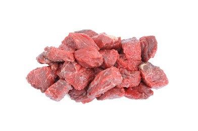 Pieces of raw beef meat isolated on white, top view