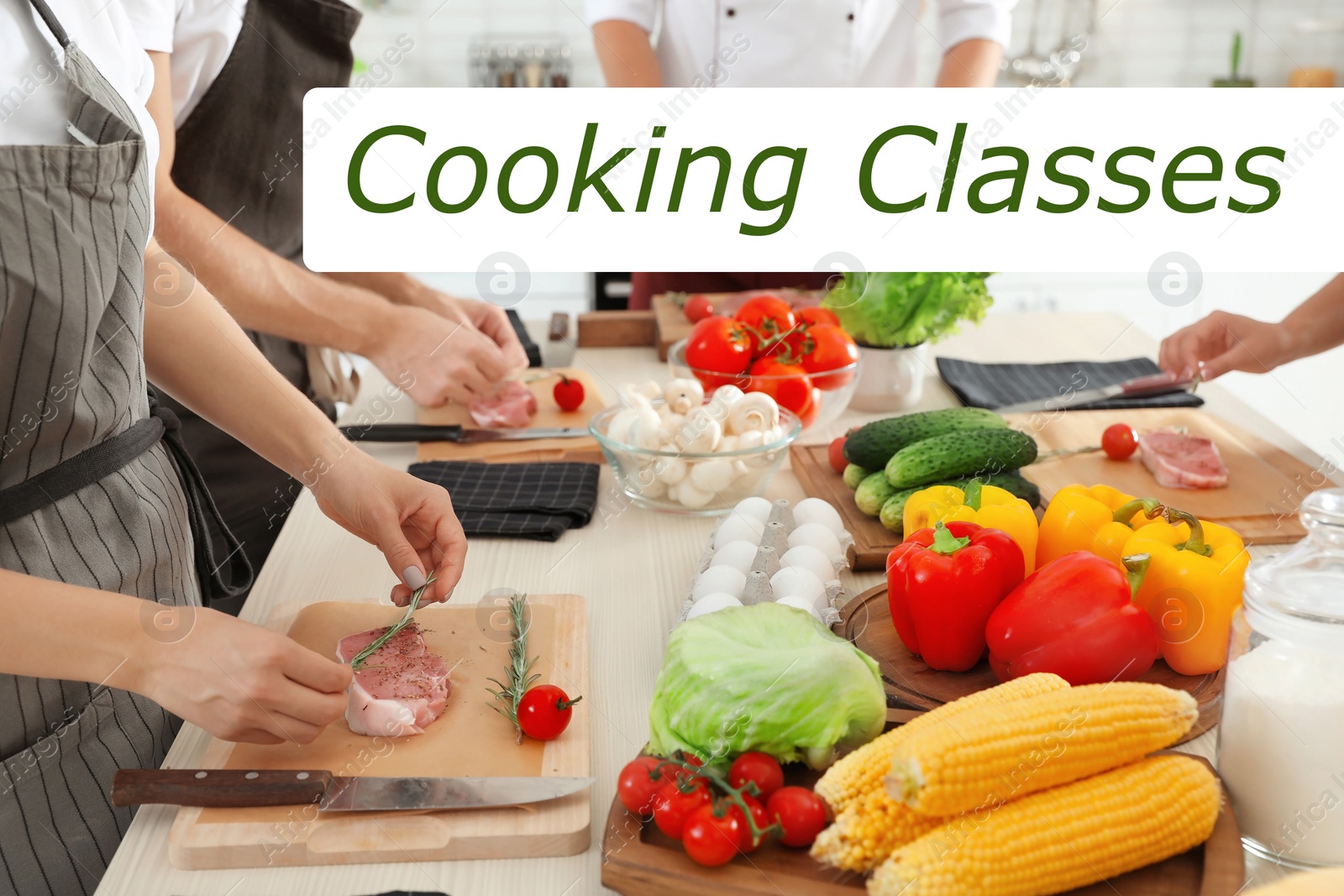 Image of Cooking classes. Female chef preparing meat on wooden board at table, closeup