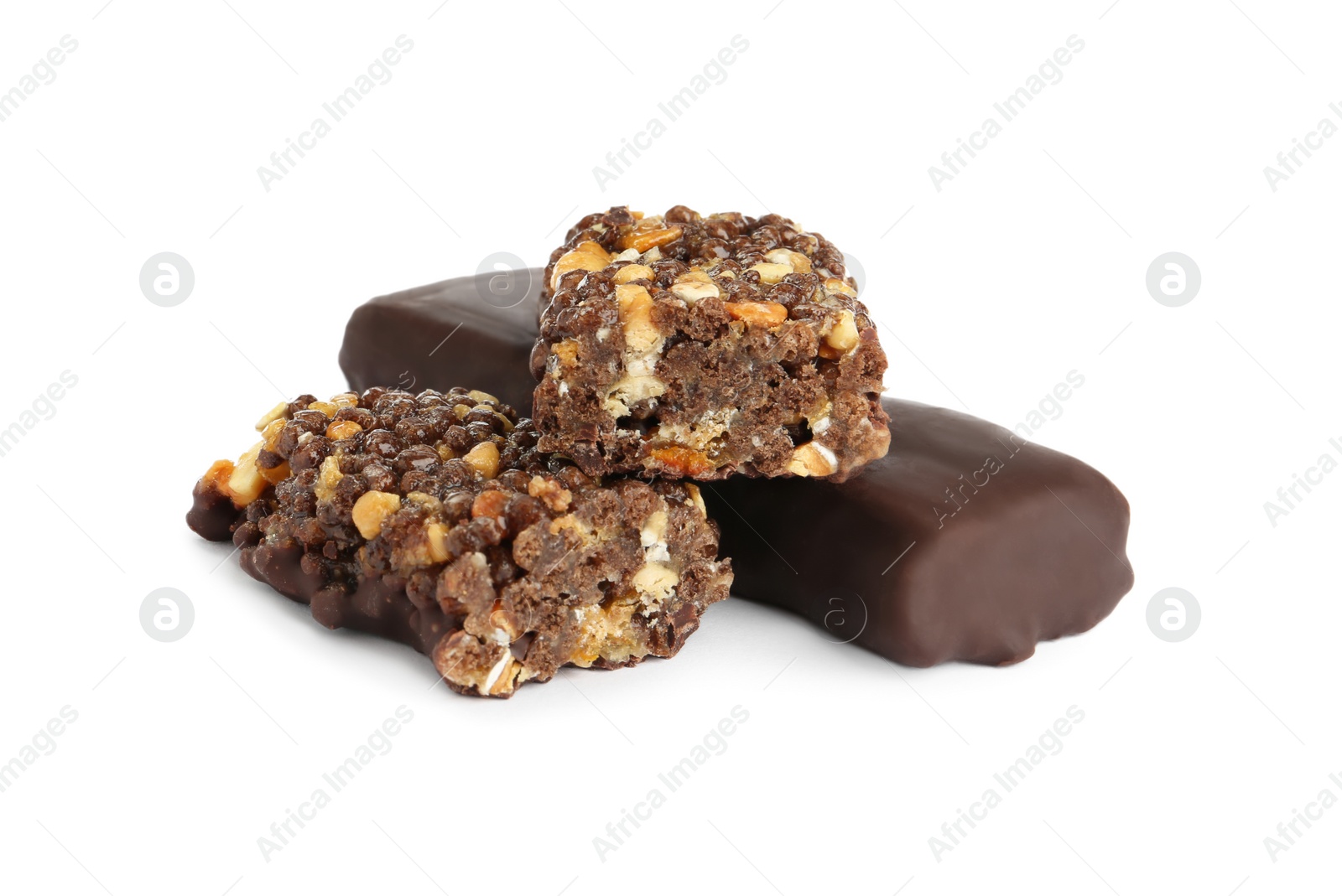 Photo of Different tasty protein bars on white background