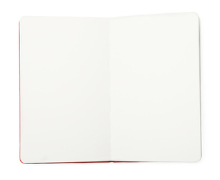 Photo of Stylish open notebook isolated on white, top view