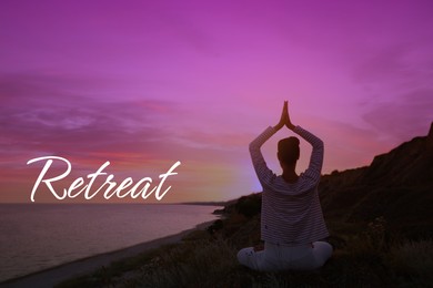 Wellness retreat. Woman meditating near sea, back view