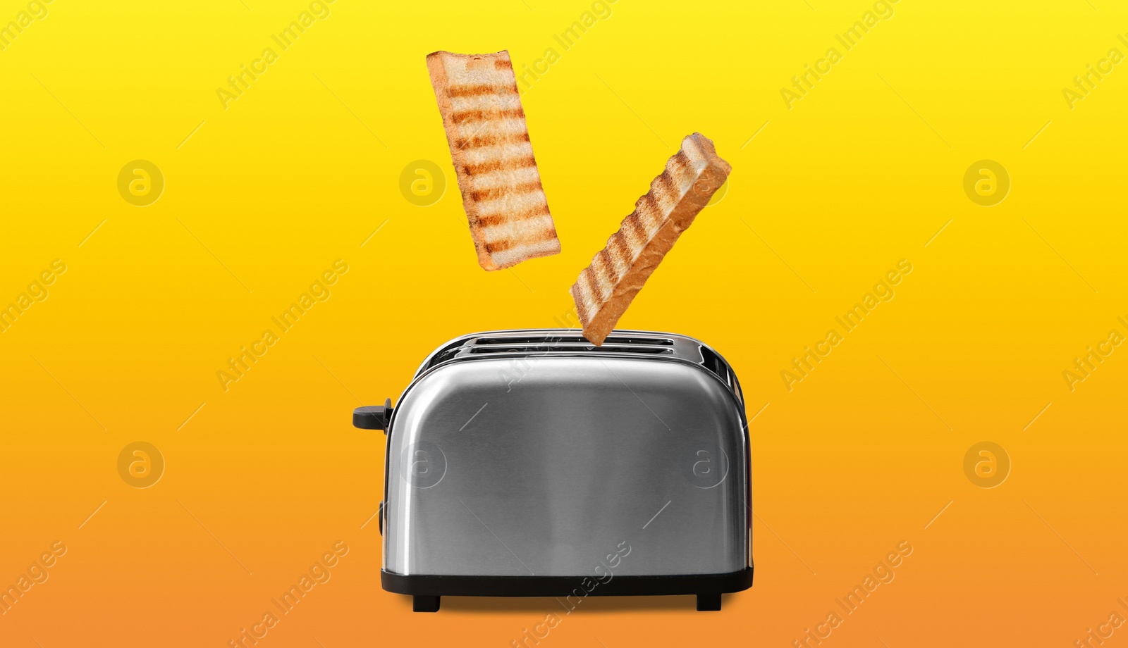 Image of Slices of grilled wheat bread flying out of toaster on color background 