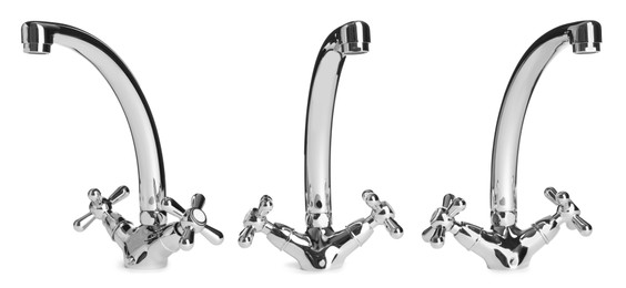 Image of Set with new water faucets on white background. Banner design