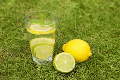 Glass of water with lemons on green grass outdoors