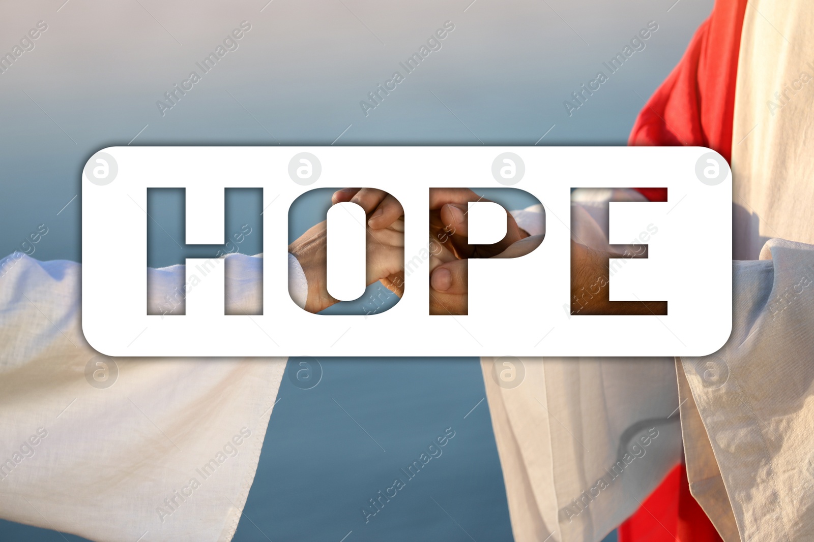 Image of Concept of hope. Jesus Christ holding woman's hand against blue sky, closeup