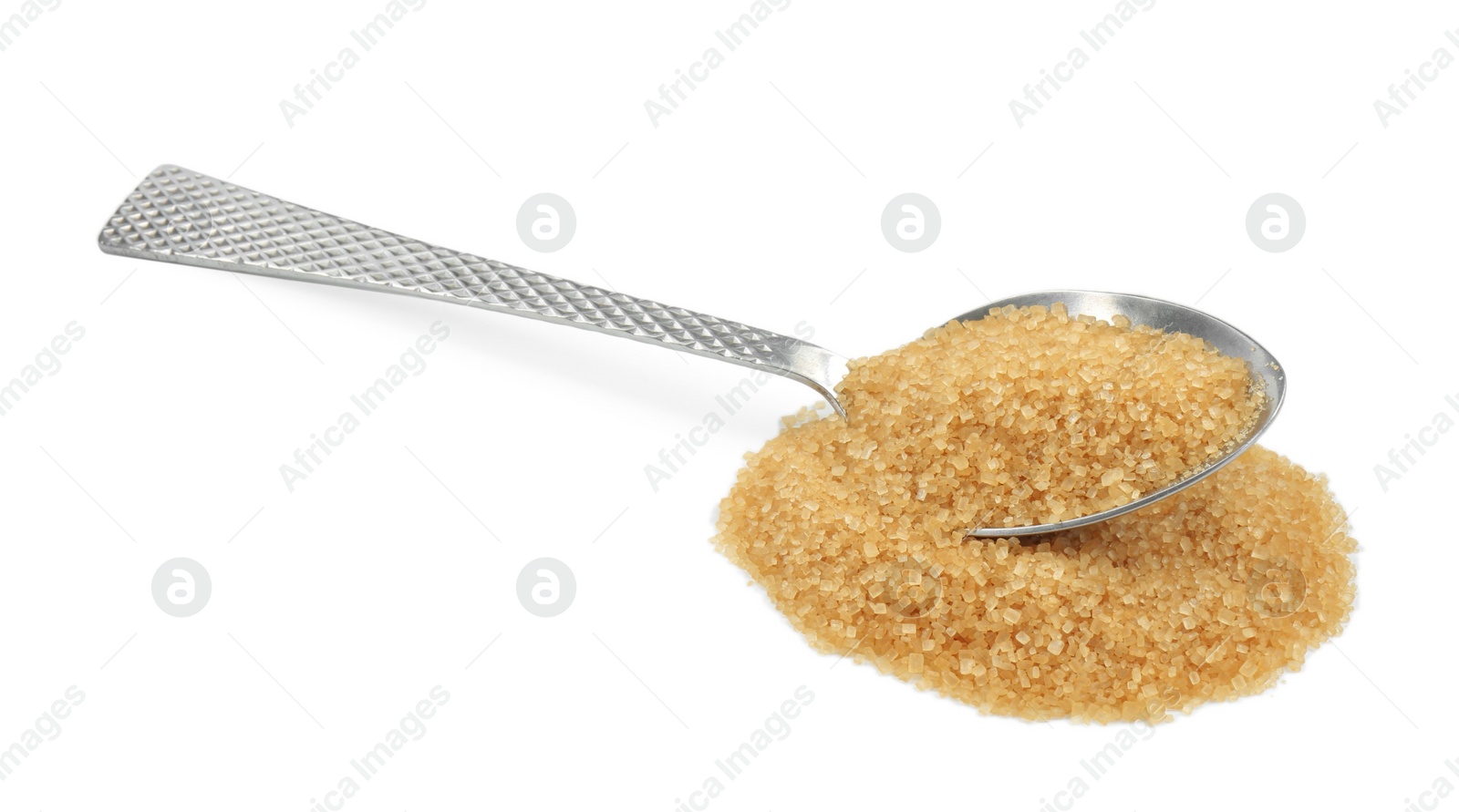 Photo of Pile of brown sugar and spoon isolated on white