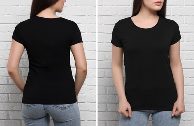 Image of Woman wearing black t-shirt near white brick wall, back and front view. Mockup for design