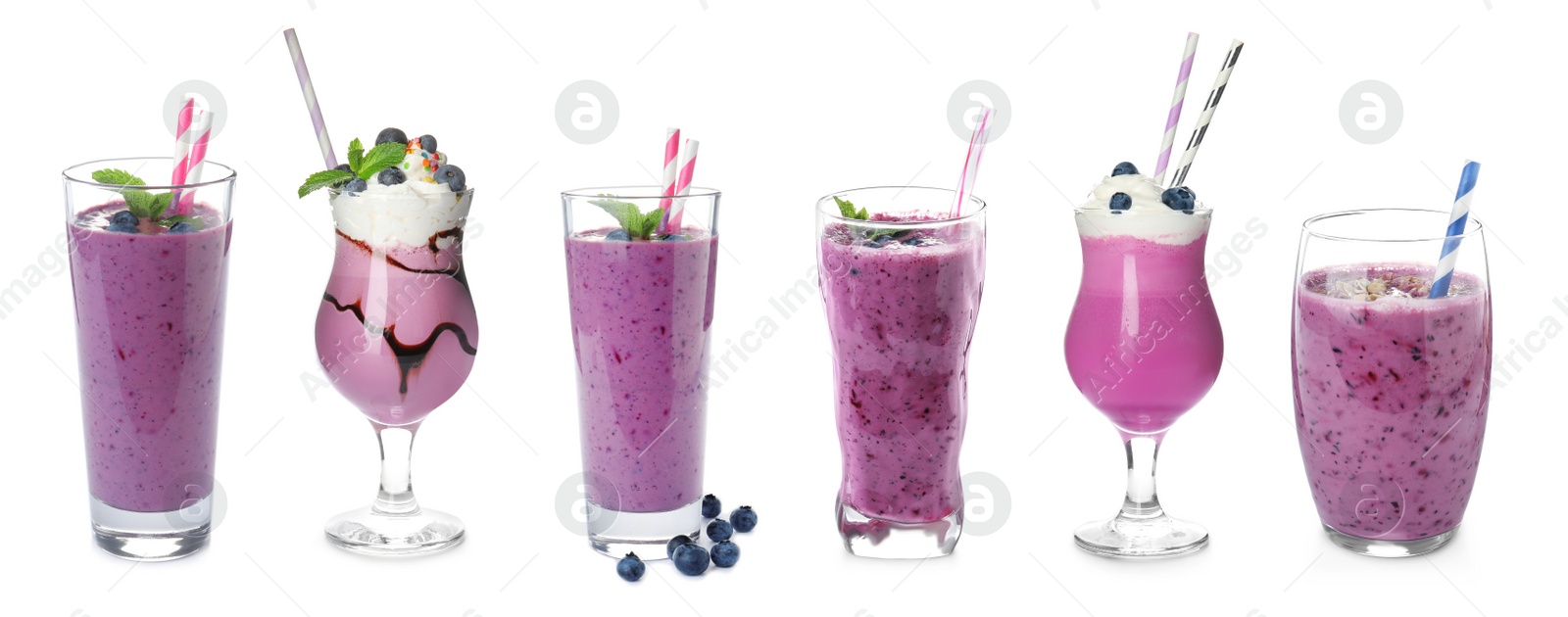 Image of Set with delicious blueberry smoothies on white background. Banner design