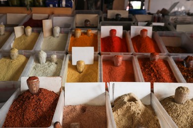 Assortment of different aromatic spices in containers