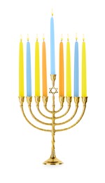 Photo of Hanukkah celebration. Menorah with colorful candles isolated on white