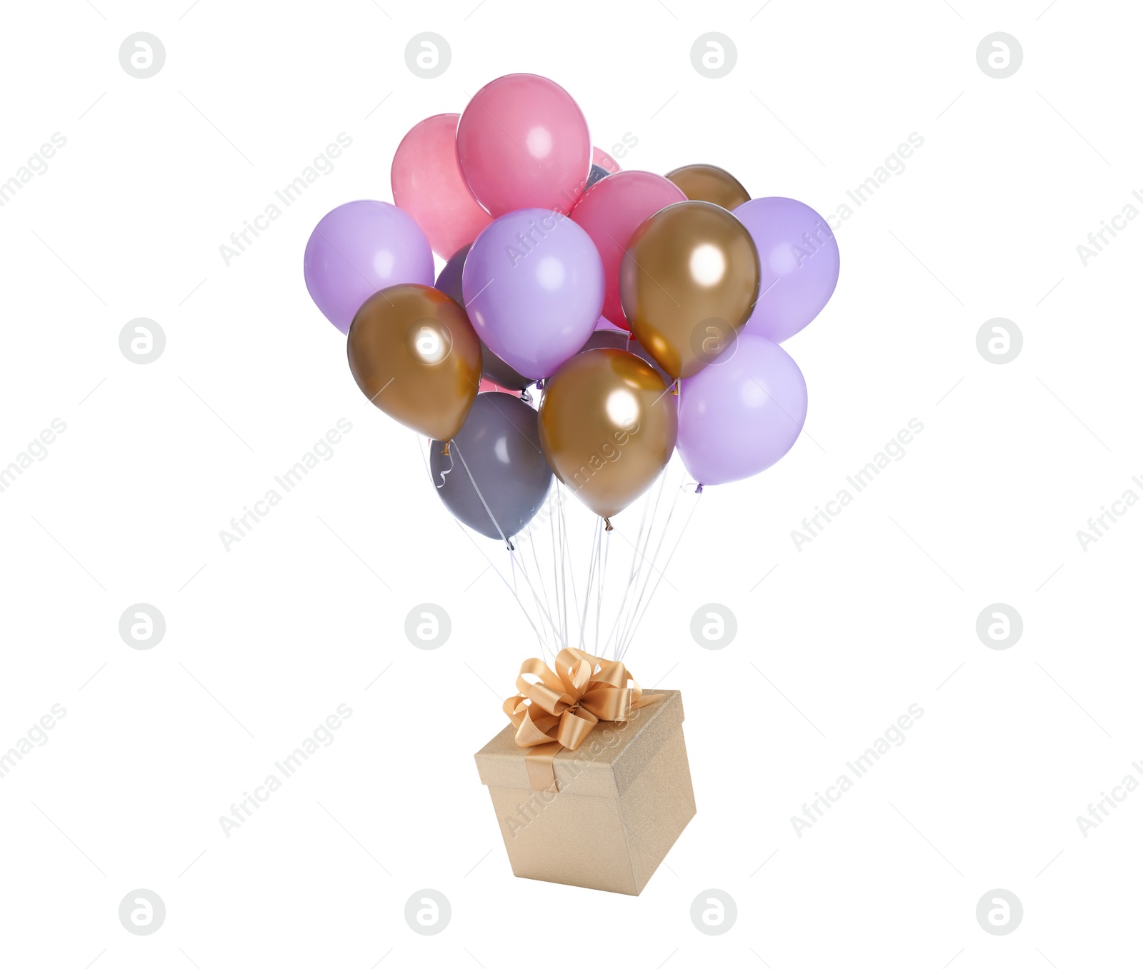 Image of Many balloons tied to gift box on white background