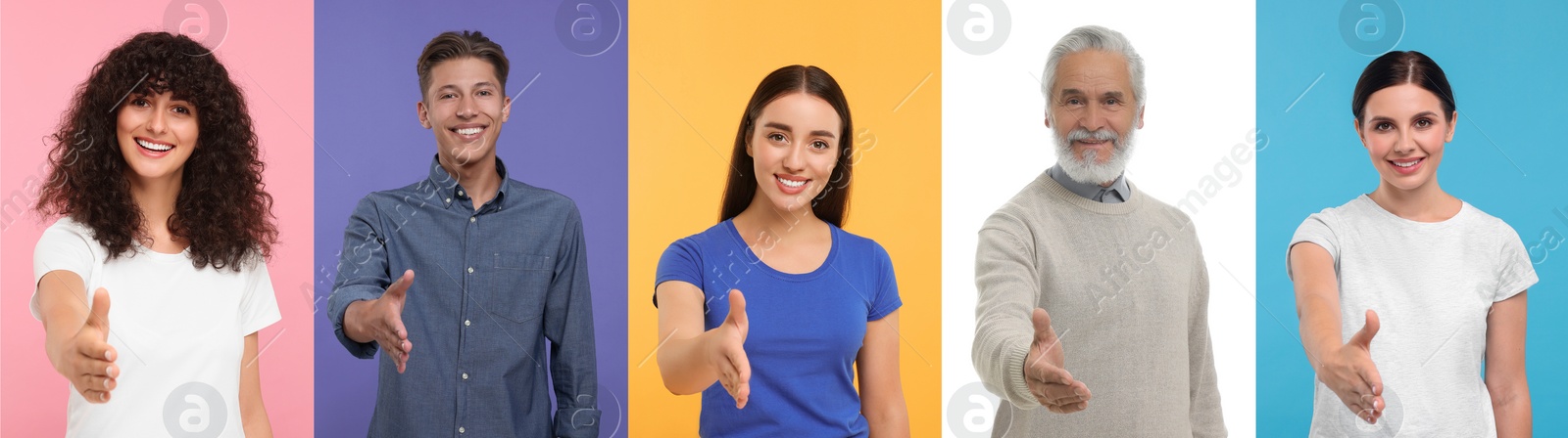 Image of People welcoming on different color backgrounds, collage with photos