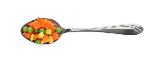 Photo of Mix of fresh vegetables in spoon on white background, top view
