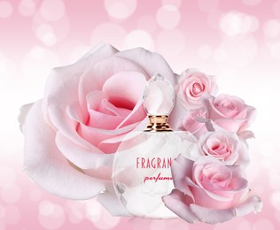 Image of Bottle of luxury perfume and beautiful roses on pink background
