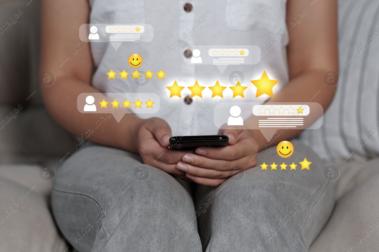 Image of Woman leaving service feedback with smartphone at home, closeup. Reviews with emoticons and stars near device