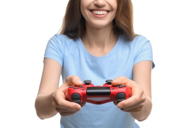 Photo of Smiling woman playing video game with controller on white background, closeup